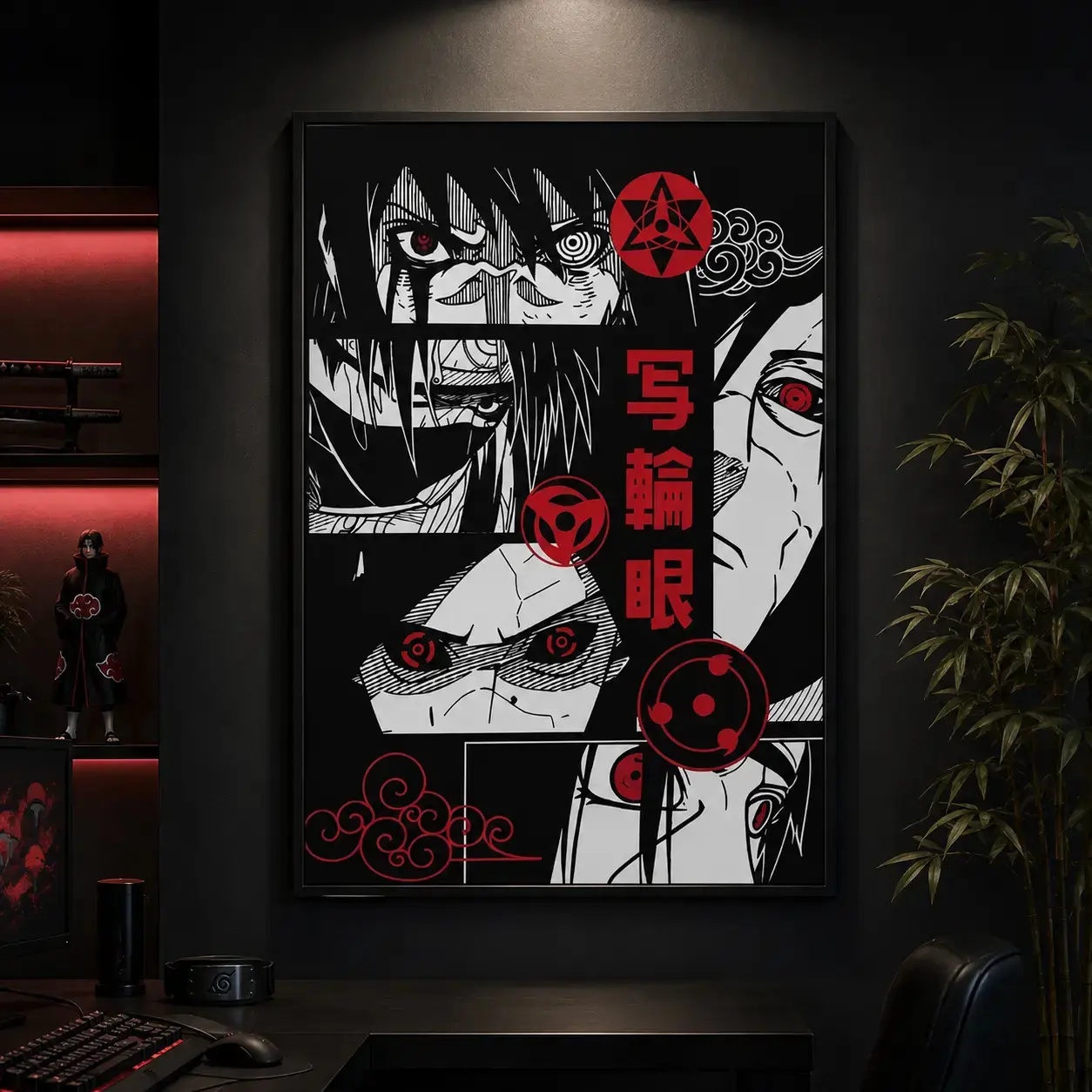 Uchiha Clan Sharingan Canvas Wall Art - Premium Wrapped Fabric Mural, Japanese Anime Sasuke & Itachi Style Print for Gaming Room & Bedroom Decor