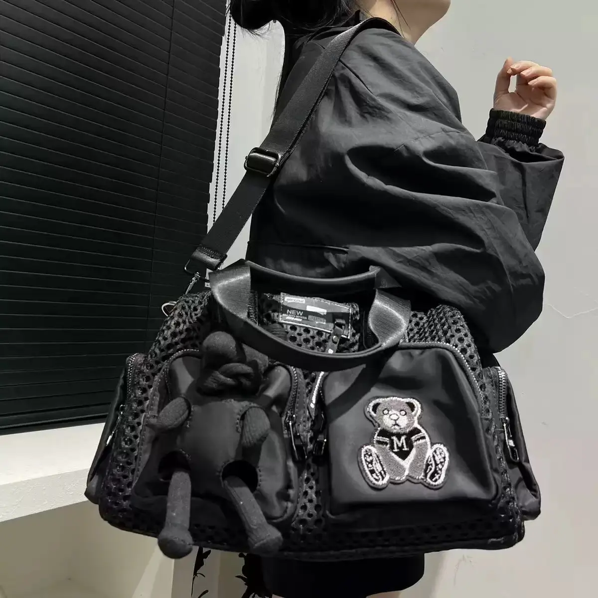 Black Mesh Multi-Pocket Shoulder Bag for Women | Teddy Bear Patch Handbag with Plush Charm | Large Capacity Crossbody Tote