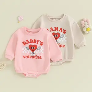 Baby Girls Valentine's Day Bodysuit Long Sleeve Valentine's Day Sweater Round Neck Heart Shaped Letter Printed Sweater Bodysuit