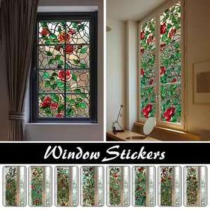 50x100cm Retro Luxury Rose Glass Film Window Privacy Film Stained Glass Window Clings 3D Red Rose Decor Decorative Sticker girl room accessories