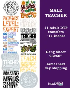 Male Teacher DTF Transfers Gang Sheet 23x60'' Ready To Press Heat Transfer Full Color Vibrant Designs Glitter Effects DTF Prints For Men Teachers