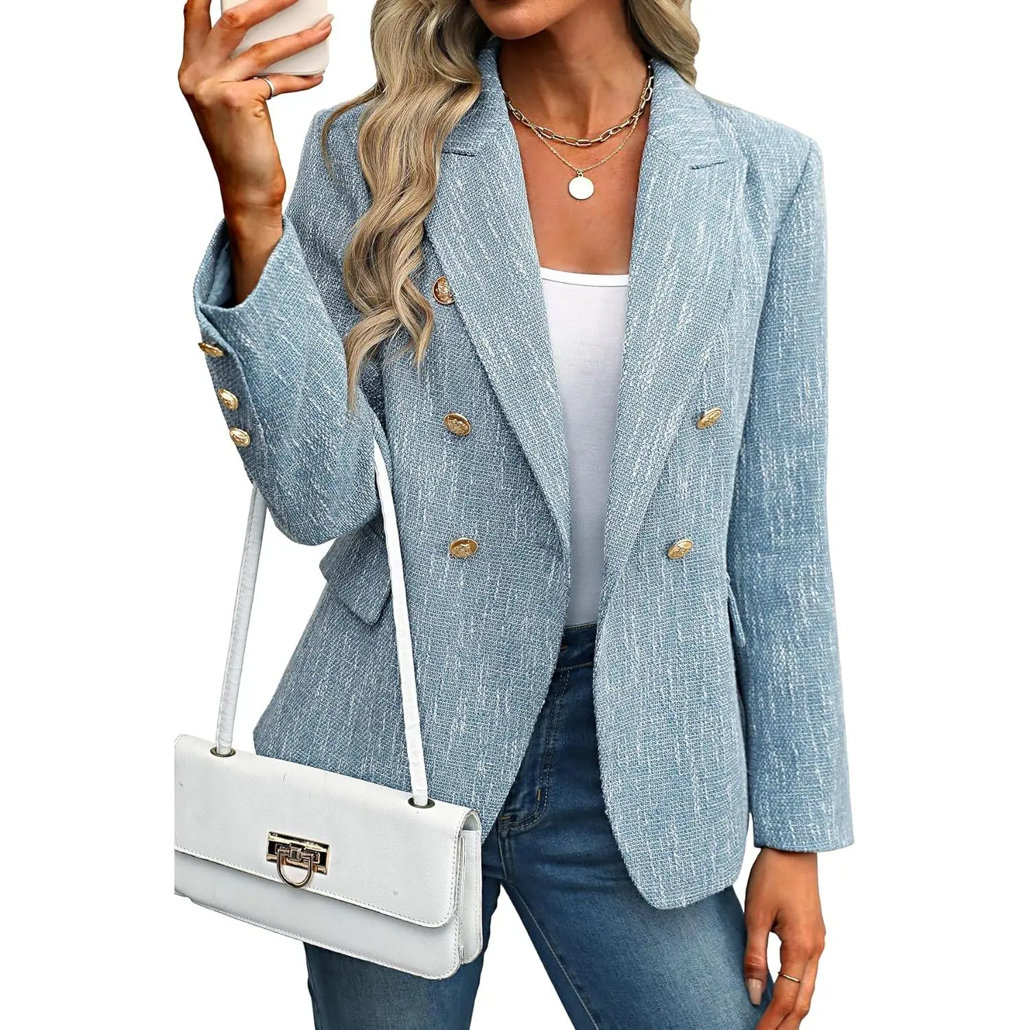 Tweed Blazer for Women, Elegant Double Breasted Tailored Jacket with Longsleeves, Fitted for Business Casual Work and Office Wear, Tweed Fabric, Tailored Fit
