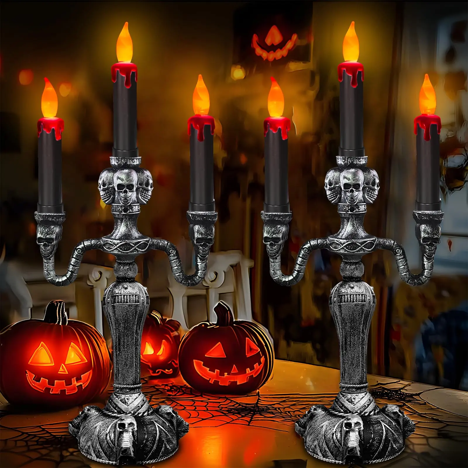 Extra Large - 2 Pack Halloween Candelabra LED Flameless Candles Holder | Battery Powered Flickering Lights Skull Candle for Halloween Decorations Indoor Home Table Mantel Party Haunted Mansion Decor
