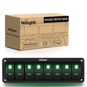 Nilight 8-Gang Aluminum 5-Pin ON/Off Green Rocker Switch Panel, 8-Gang Set with ON/Off Control, Pre-Wired for Vehicle Fit