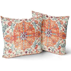 Orange Blue Ethnic Boho Pillow Covers 18X18 In Bohemian Carpet Vintage Rust Coral Floral Decorative Cotton Pillow Cases with Zipper Set of 2 Home Decor for Living Room Bedroom Bed Cushion Outdoor