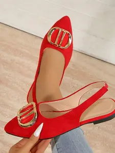 French Style Pointed Toe Metal Buckle Open Back Sandals for Women, New Flat Closed-Toe Slip-Ons, Casual Office Shoes, Outer Wear, Footwear