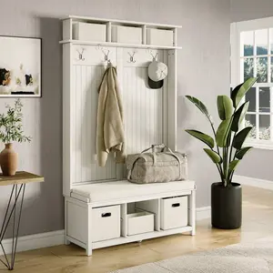 Solid Wood Hall Tree Entryway Bench with 2 Bin & 1 Shoe Dividers