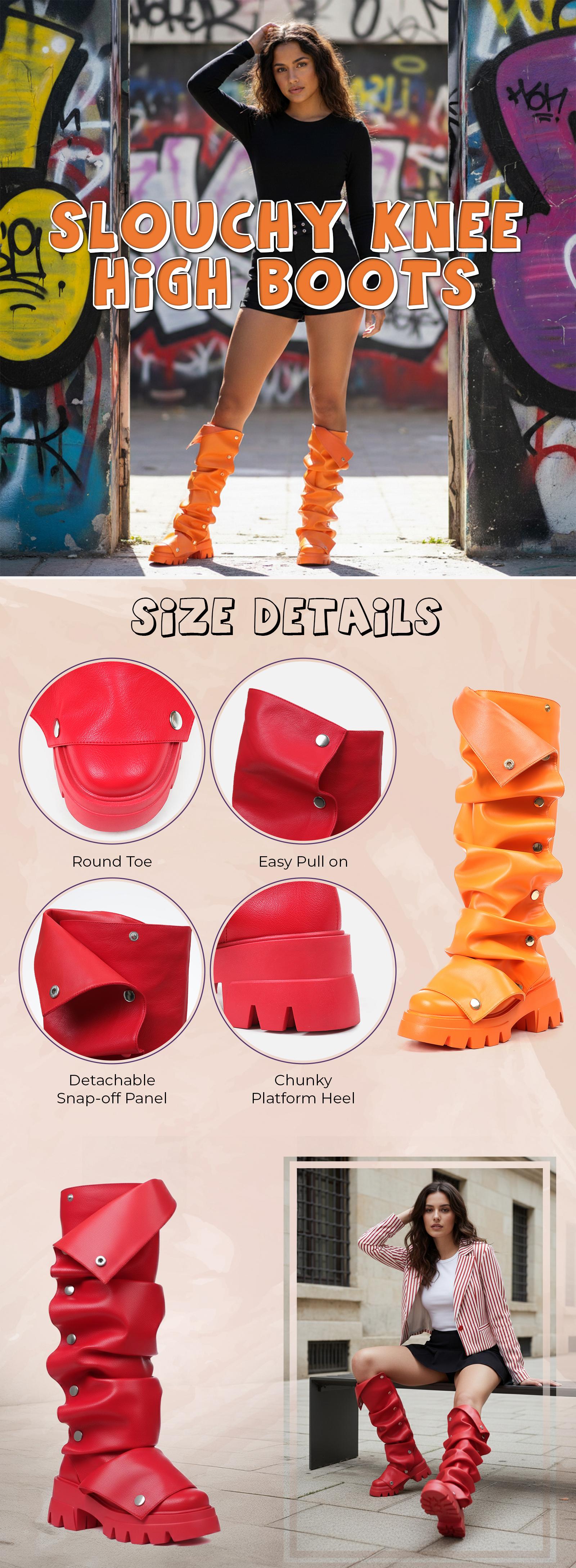 CELNEPHO Fashion Boots for Women Round Toe Knee High Fold Over Slouchy Boot Chunky Platform Heel Metal Snap Off Button Booties Easy Pull on Casual Wear Gift Party Dress Shoes