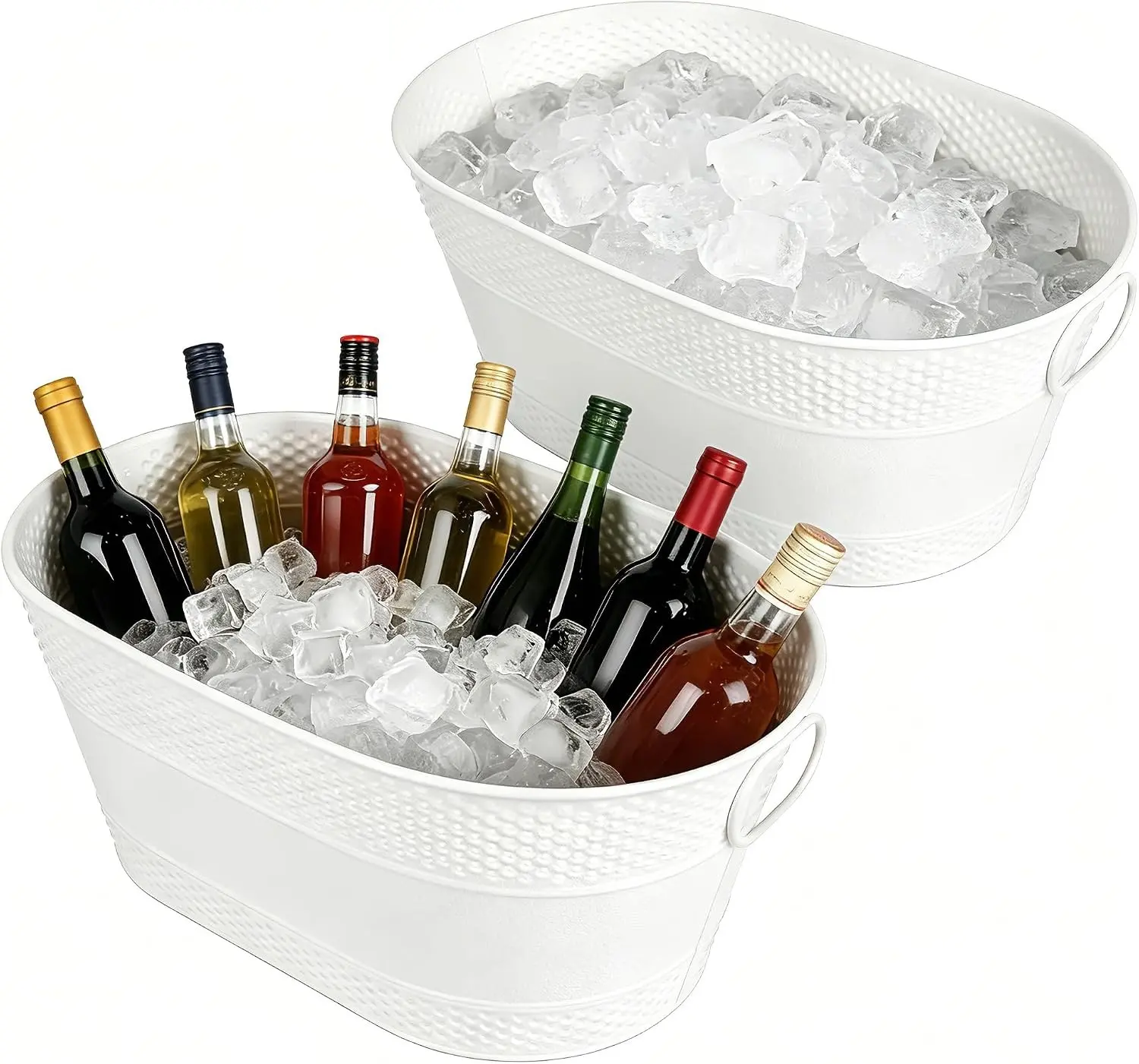 2 Pack Galvanized Ice Bucket,4 Gallon Large Galvanized Beverage Tub Ice Bucket for Parties, Thick Metal Beverage Buckets with Handles, Oval Drink Buckets for Parties Indoor or Outdoor (White)