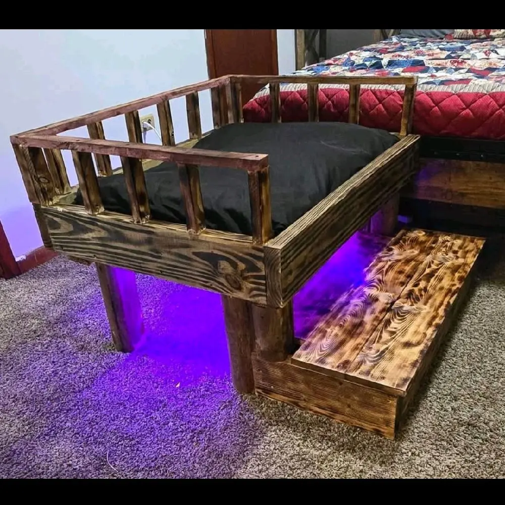 Handbuilt Dog Bed with Wooden Frame, Black Bedding, and Unique Design Elements