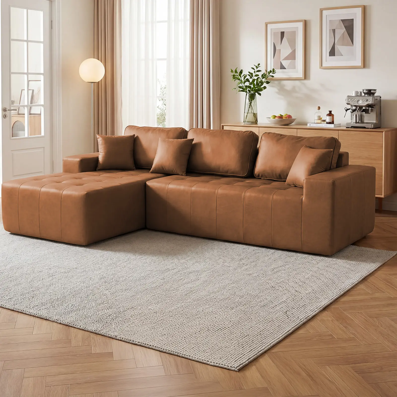 L-Shaped Sectional Sofa with Corner Chaise, Faux upholstered Upholstery, High-Density Sponge Cushions, No-Assembly Convertible Couch for Living Room, Apartment, Guest Room, Light Brown, 4-Seat