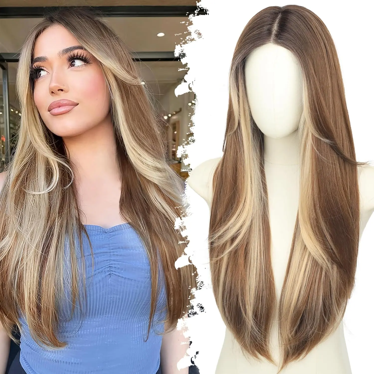 Brown with Light Blonde Glueless Synthetic Wigs for Women Pre Cut Lace Hairline Long Layered Straight Hairstyle