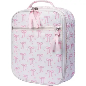 Cotton Quilted Lunch Box for Women, Cute Insulated Lunch Bag, Pink Bow Lunch Tote Bag for Work Picnic Travel Office(pink bow heart, M) outdoorfun