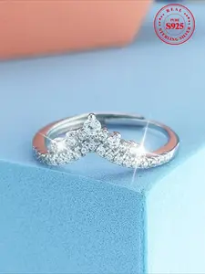 S925 Sterling Silver Crown & V Shaped Artificial Zircon Ring, Luxury Engagement Ring, Fashion Jewelry Accessories for Women, Perfect Wedding Gift