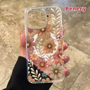 Clear Case for iPhone 16 Pro Max 15 Plus 14 13 12 11 XR E XS Floral Hard Acrylic Back Soft Silicone Edge Drop-Proof Lightweight Cell Phone Cover for Girl