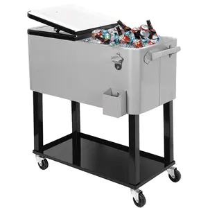80 Quart Qt Rolling Cooler Ice Chest for Outdoor Patio Deck Party, Grey, Portable Party Bar Cold Drink Beverage Cart Tub, Backyard Cooler Trolley on Wheels with Shelf, Stand, & Bottle Opener