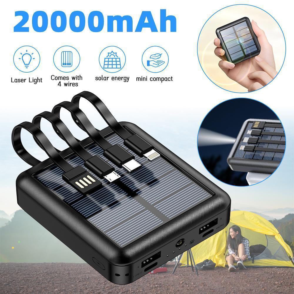 Small Black Solar Charger Power Bank, 20000mAh Solar Power Bank with Built in 4 Cables, USB C Input/Output, Battery Portable Charger Power Bank for CellPhones, Tablets, Electronic Devices