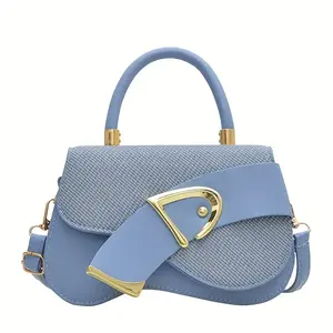 Women's Elegant Minimalist Shoulder Bag - with Golden-Tone Hardware, Adjustable Strap & Structured flap - Everyday Formal Purse in Bright Pink, Beige, White, Black, Blue - Durable Women's Handbag, Versatile Accessory, Contemporary Fashion