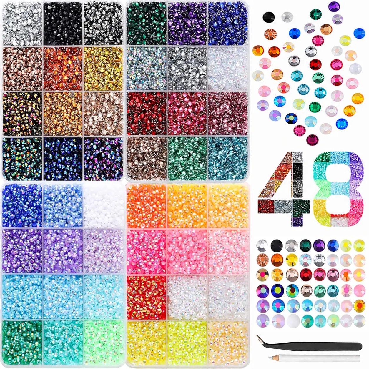 36000Pcs 48 Colors Shiny Rhinestones, 3mm Jelly Stones with Tools, Great for Embellishing, Nail Design, DIY Making, Apparel and Room Decor