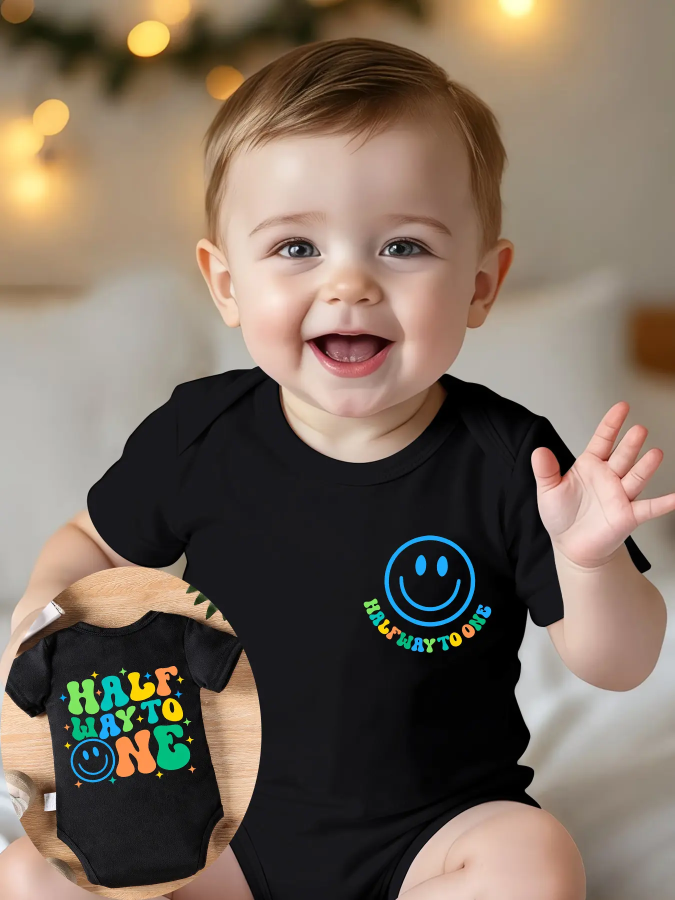 Short‑Sleeve Baby Bodysuit, Halfway To One Smiley Face Rainbow Letter Print Soft Cotton Infant Half‑Birthday Onesie