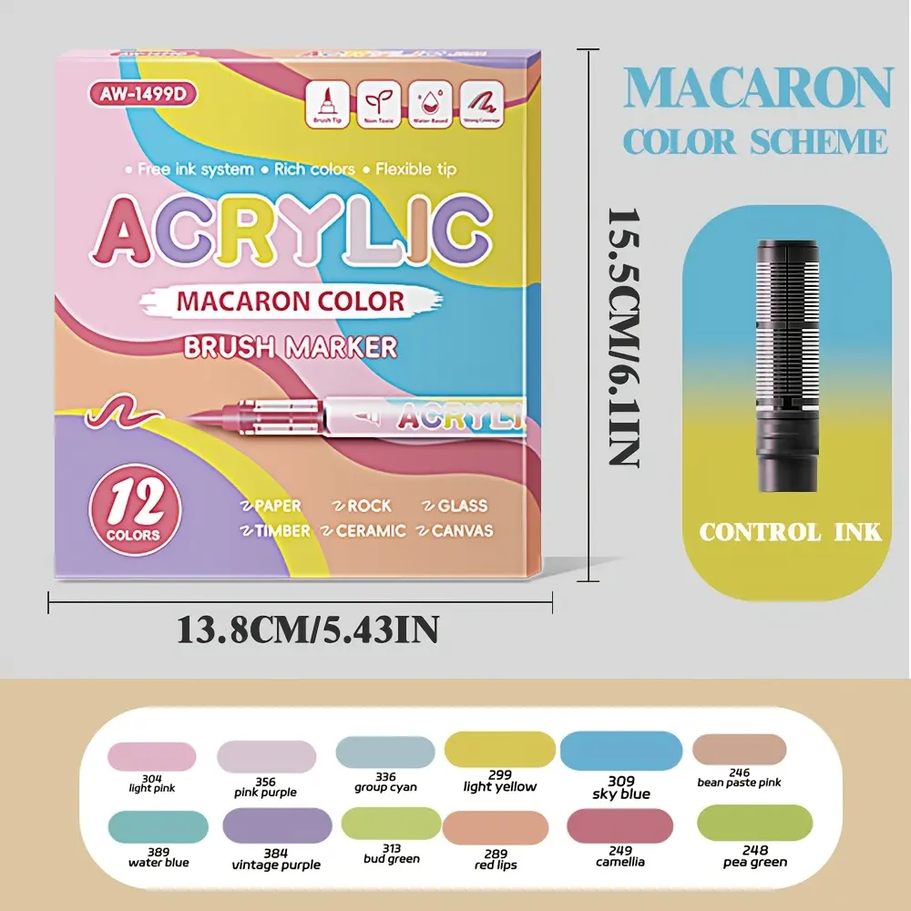 12 Colors Refillable Acrylic Paint Markers, Student Stationery for Drawing & Graffiti, Works on Wood, Stone, Paper
