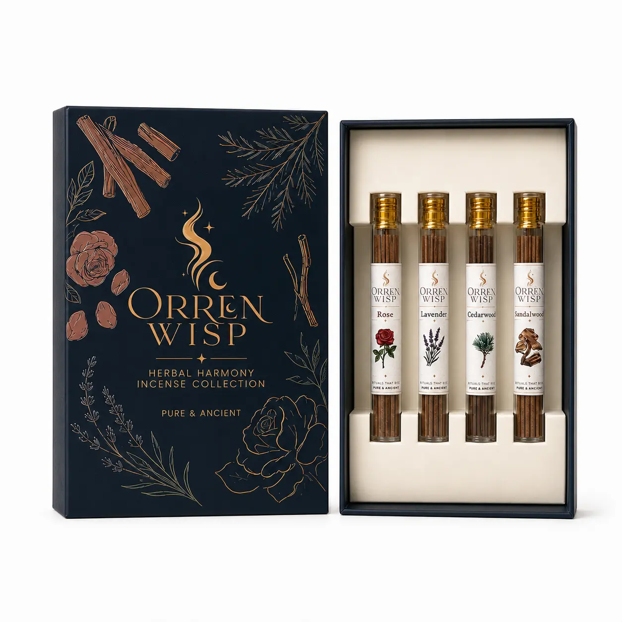Incense Gift Set - 4 Tubes 5g Each with Built-in Incense Holder Lid, Cedarwood Lavender Rose Sandalwood Scents, 10.5cm Short Sticks, Compact Home Fragrance Decor, Shelf Styling, Yoga Meditation Gift, Optional Round Incense Base or Gold Leaf Tray