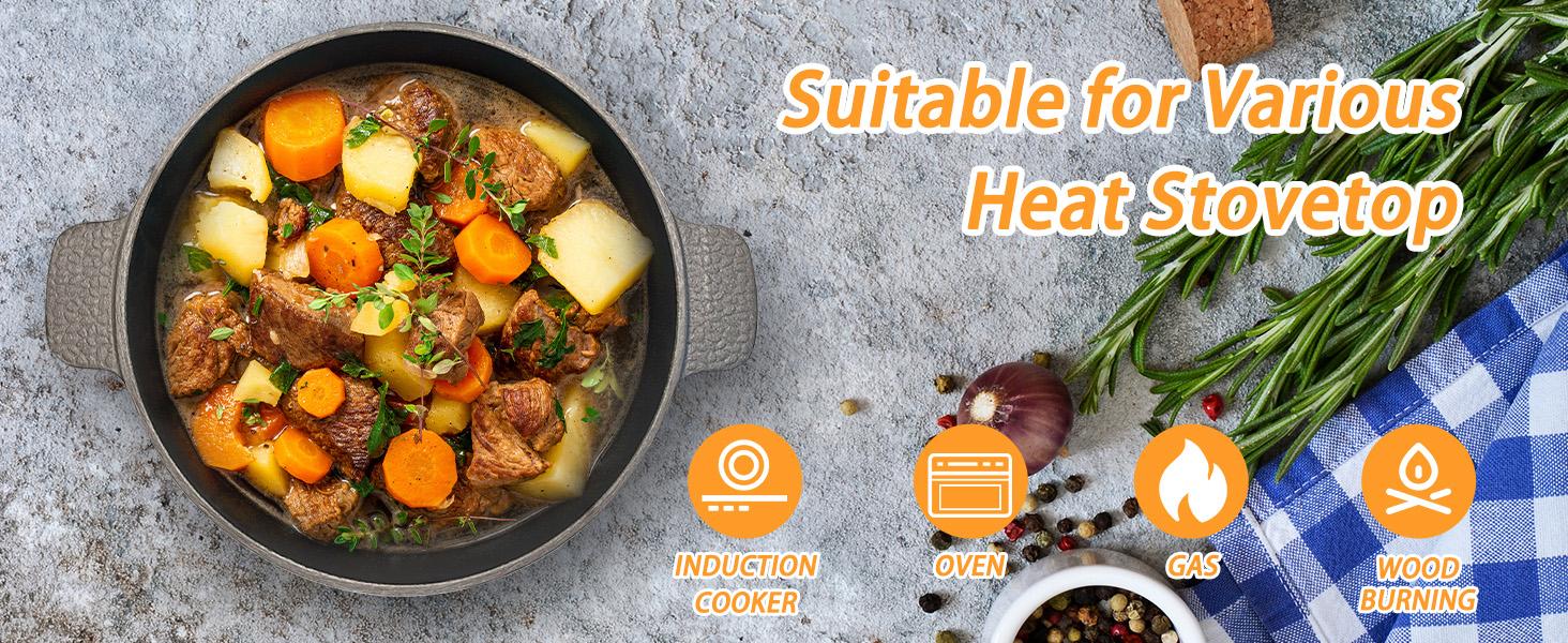 5.2QT Cast Iron Dutch Oven with Lid, Oven Safe up to 500°F, for Bread Baking, Braising, Stewing, and Roasting, Cookware Kitchen