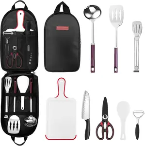 Odoland 8 Pcs Camping Cookware Utensils Travel Set, Camp Kitchen Utensil Organizer with Tongs, Scissors, Cutting Board, Rice Paddle and Water Resistant Case for Backpacking, Outdoor Camping