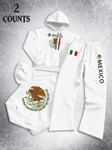 Men's Mexican Flag Eagle Snake Print Hoodie and Drawstring Pants Set, Casual Sportswear, Long Sleeve and Long Pants, Fall & Winter 2 Piece Set