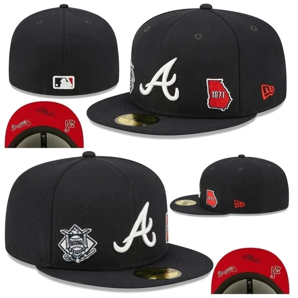 New Era Atlanta Braves 59FIFTY Fitted Hat, Black MLB Baseball Cap, White Embroidered Braves Logo, Vintage Braves Crest Side Patch, Georgia 1871 State Patch, Red New Era Flag, Flat Brim, Premium Streetwear, Unisex