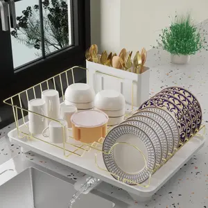 Dish Drying Rack for Kitchen Countertop, Large Capacity Gold Stainless Steel Dish Drainer with Anti-Slip Rubber Feet, Removable Drain Board and Utensil Holder (White Tray)