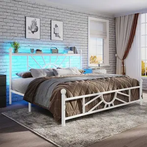 Queen Size Metal Platform Bed Frame with LED Lights, Headboard & Footboard, Under Bed Storage Space, Sturdy Slat Support, Easy Assembly (White)