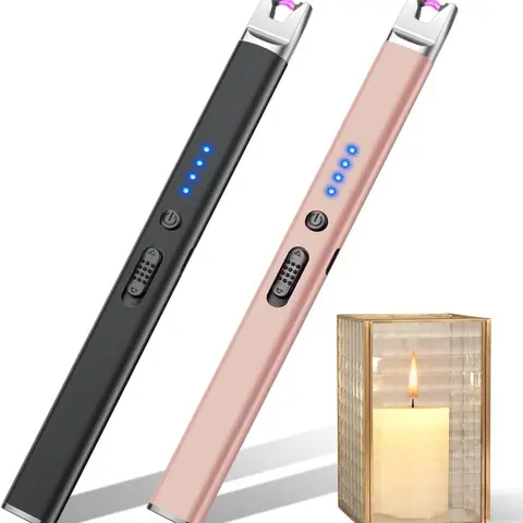 2 Pack Candle Lighter Electric USB Rechargeable Plasma Arc Lighter with Safety Lock, Windproof Flameless Long Lighters for Candle, Grill, BBQ, Camping, Gas Stoves (Black, Champagne Gold)