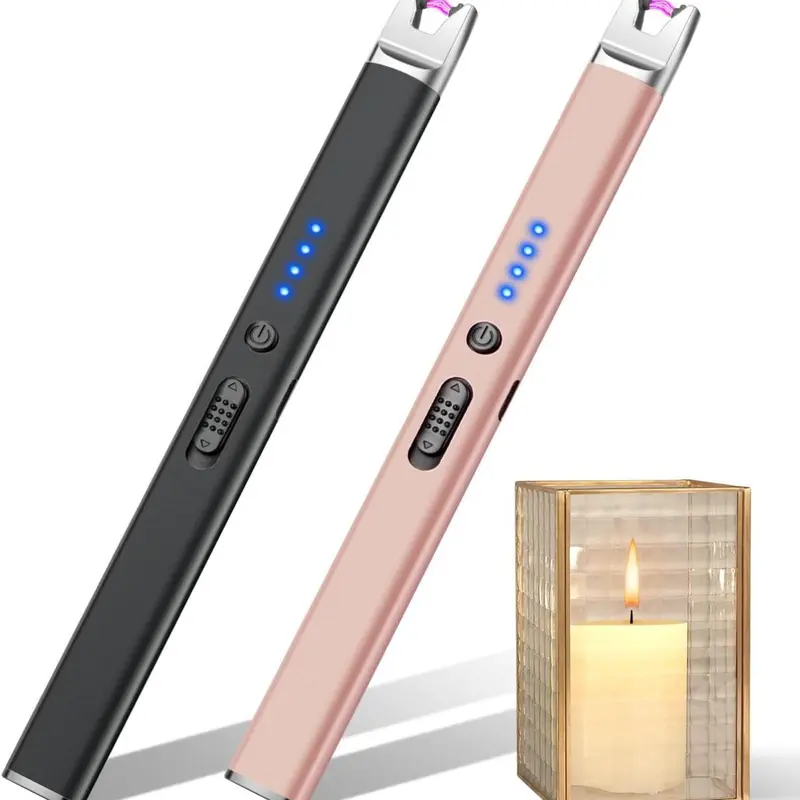 2 Pack Candle Lighter Electric USB Rechargeable Plasma Arc Lighter with Safety Lock, Windproof Flameless Long Lighters for Candle, Grill, BBQ, Camping, Gas Stoves (Black, Champagne Gold)