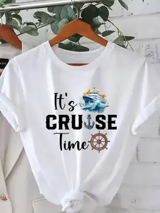 Plus Size Ladies' Short-Sleeve T-Shirt with a 'Cruise Time' Pattern, Designed for Cruise Travel, Perfect for Comfortable And Casual Wear in Spring And Summer, Vacation Graphic Tee, Relaxed Fit Top, Fun Nautical Design, Crew Neck Blouse