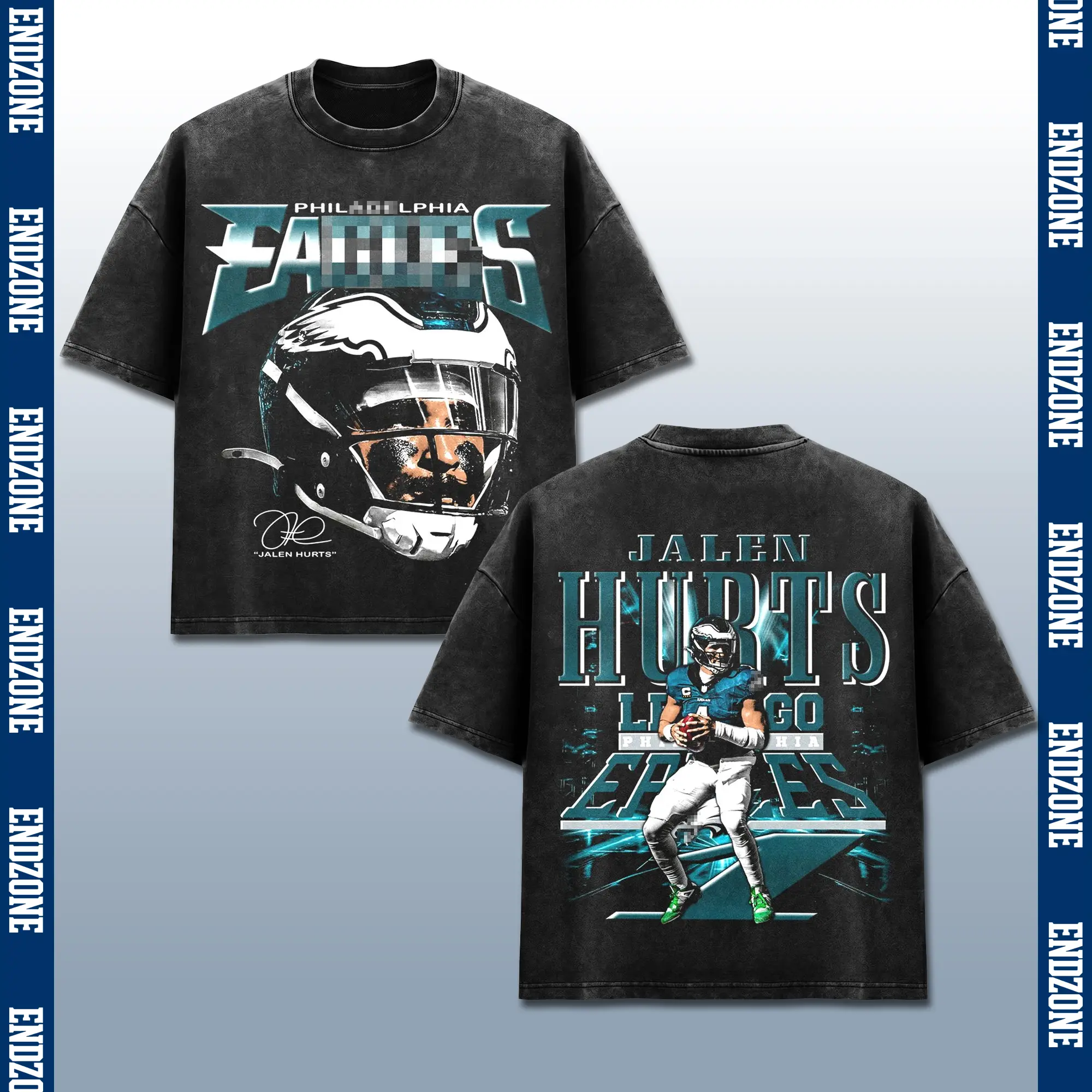 [Endzone] Jalen Hurt Let Go T-Shirt, Philly Team Football Tee, PHI The Birds Merch, Quarterback Philly Helmet Graphic Apparel, Retro 90s Bootleg Sports Wear, American Football Fan Heritage Gift, Men Heavyweight Oversized Black Acid Wash Clothing