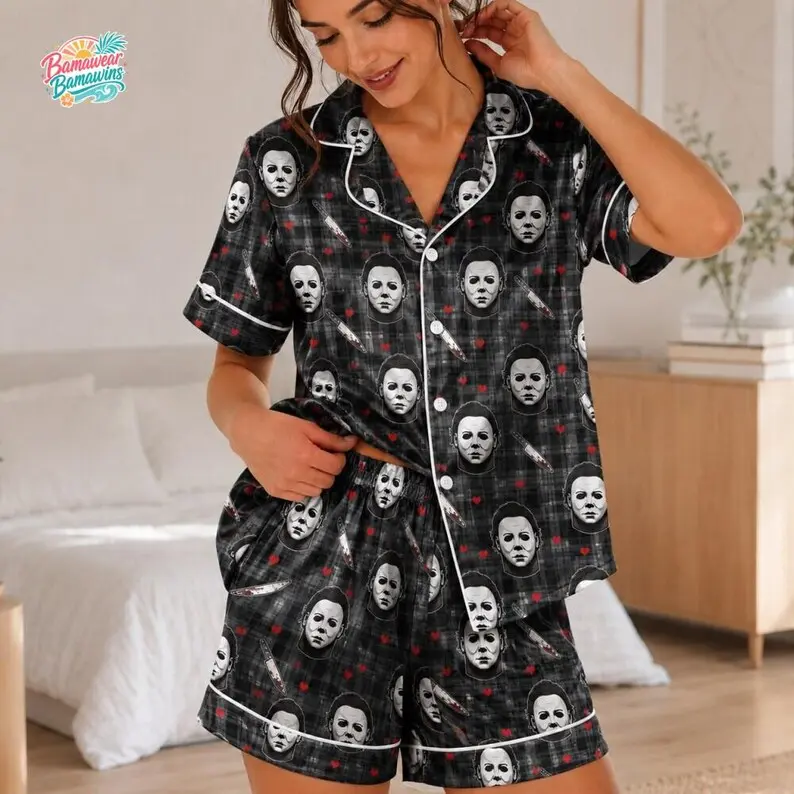 Michael Myers Inspired Pajama Set for Women, Halloween 2026 Button-Up Satin Sleepwear and Spooky Horror Movie Gift