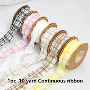 10 Yards 1.5 Inch Pink White Buffalo Plaid Continuous Ribbon Double Ruffled Edge Chiffon Pleated Checkered Gingham Pastel Fabric Ribbons Bulk for Sewing Making Craft Gift Wrapping Bouquets Home Decor