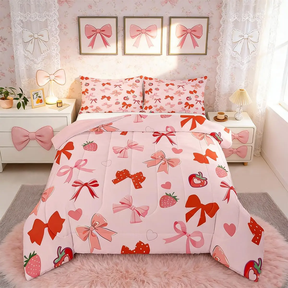 Pink Pricess Bowknot Comforter Set Cute Bow Bedding Set Kawaii Strawberry Duvet Quilt Bedroom Decor Microfiber 1