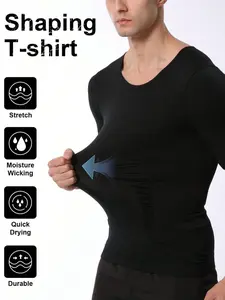 1 Count Men's Sports Casual Tummy Control Firm Support Shapewear Tops, High Elasticy Fashion Style Body Shaper Tshirt, Breathable Moisture Wicking Chest Abdomen Smoothing Shaping Top, Suitable for Daily Exercise & Gym & Date
