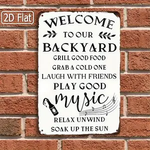 Funny Welcome to Our Backyard Metal Sign, Outdoor/Indoor BBQ Party Decor with Grill Food List Tin Art for Patio, Garden, Porch - Funny Backyard Rules Decoration - Easy Hang Installation - Perfect Housewarming Gift, Yard Decor, Music Themed Decor