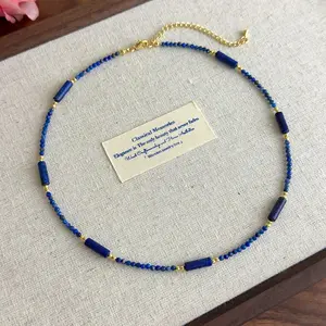 Chinese Style Blue Lapis Lazuli Natural Stone Beaded Necklace for Women Plated Copper Chain Strand Chokers