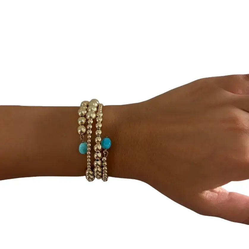 Protect Your Pulse Wrap Around Beaded Bracelet Flexible Bangle 14k Real Gold Filled Mixed Bead Size Real Turquoise Accent Stones One Size Fits All Harmonious Wave Design Comfortable Everyday Wear