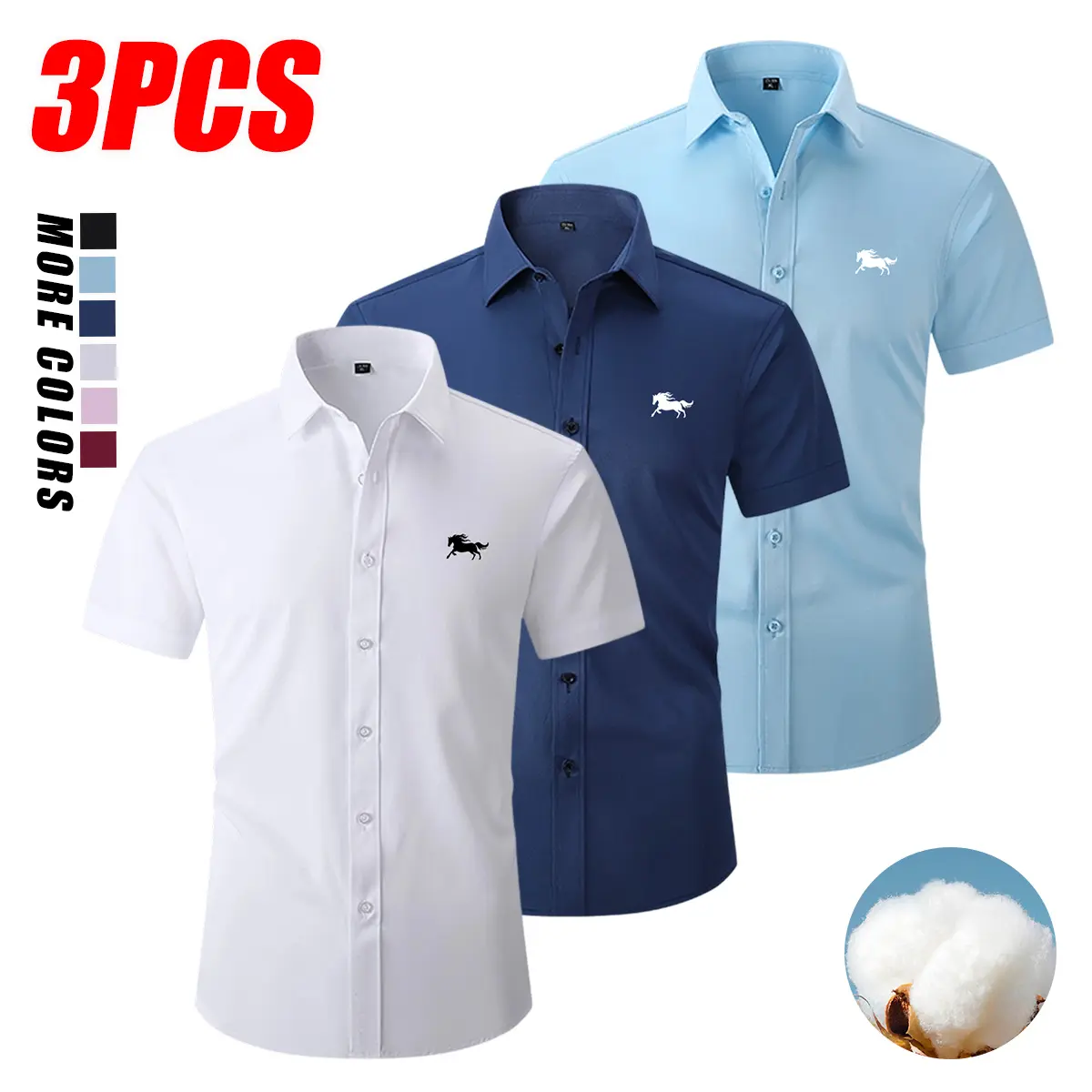 3-pack summer short-sleeve regular men’s cotton dress shirts—business professional work shirts suitable for everyday summer wear, commuting, outdoor leisure, and golf.