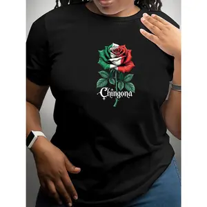 Chingona & Mexico Flag-Inspired Floral Print T-Shirt for Women - Casual Black Crew Neck, Short Sleeve Top, 100% Polyester, Machine Washable - Perfect for Spring & Summer