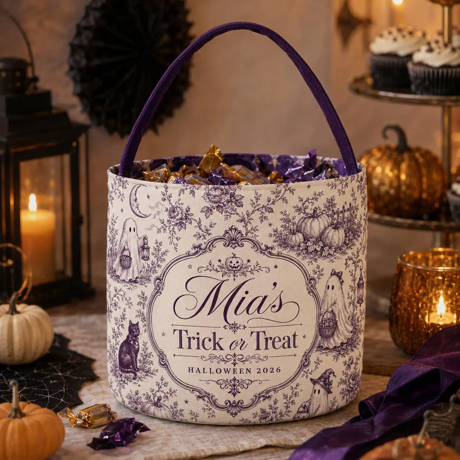 Custom Name Toile de Jouy Floral Ghost Halloween Basket, Personalized Trick Or Treat Bag, Halloween Candy Bucket, Spooky Season Gifts