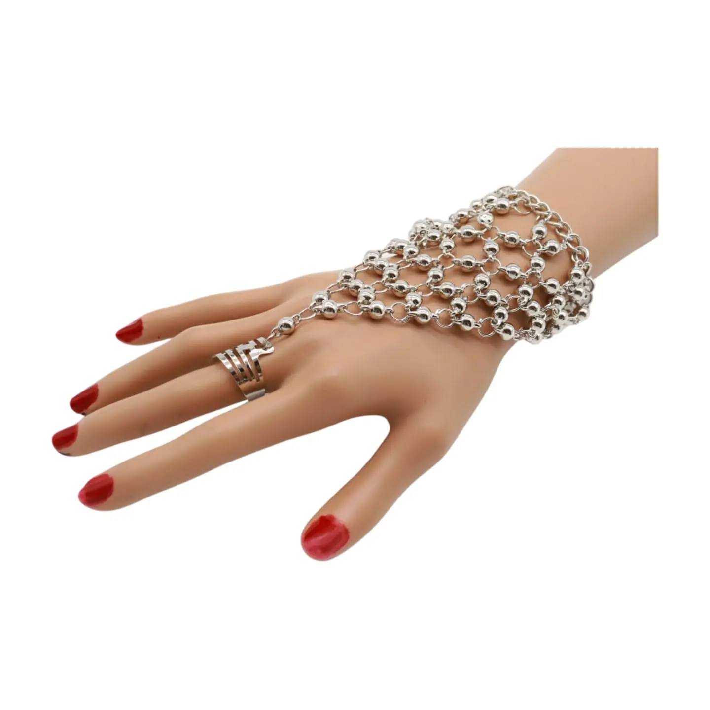 Women Silver Metal Bracelet - Fashion Jewelry Hand Chain Ball Charm Connected Ring Female
