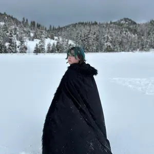 Black Cloak with Large Hood, Black Faux Fur Trim, and Metal Clasp - Medieval Renaissance Cosplay Cape with hood