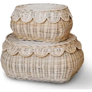 Hand woven rattan basket set-15x10x6 inch-small scalloped baskets-round wicker basket-wicker storage basket-rattan basket with lid (natural)
