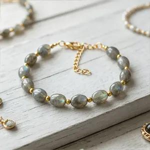 Natural Labradorite 6mm Beaded Bracelet, Gold Plated Adjustable Chain, Intuition Transformation Crystal Jewelry Gift for men women